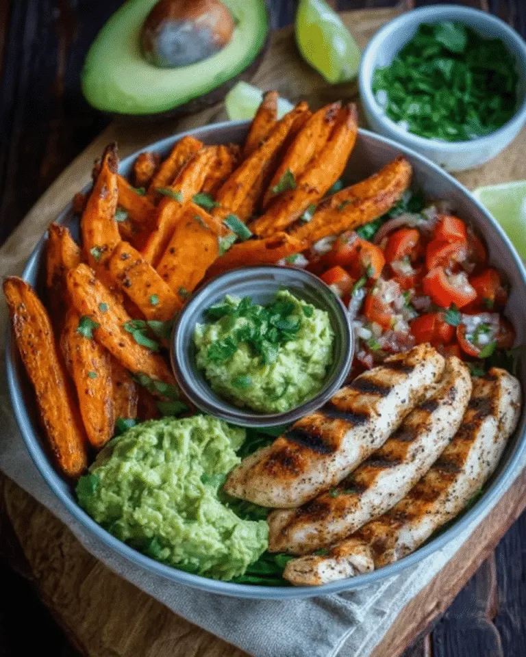 Grilled Herb Chicken Bowl with Sweet Potato Fries & Avocado Salsa