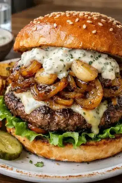 Caramelized Onion Garlic Burger with Creamy Herb Sauce