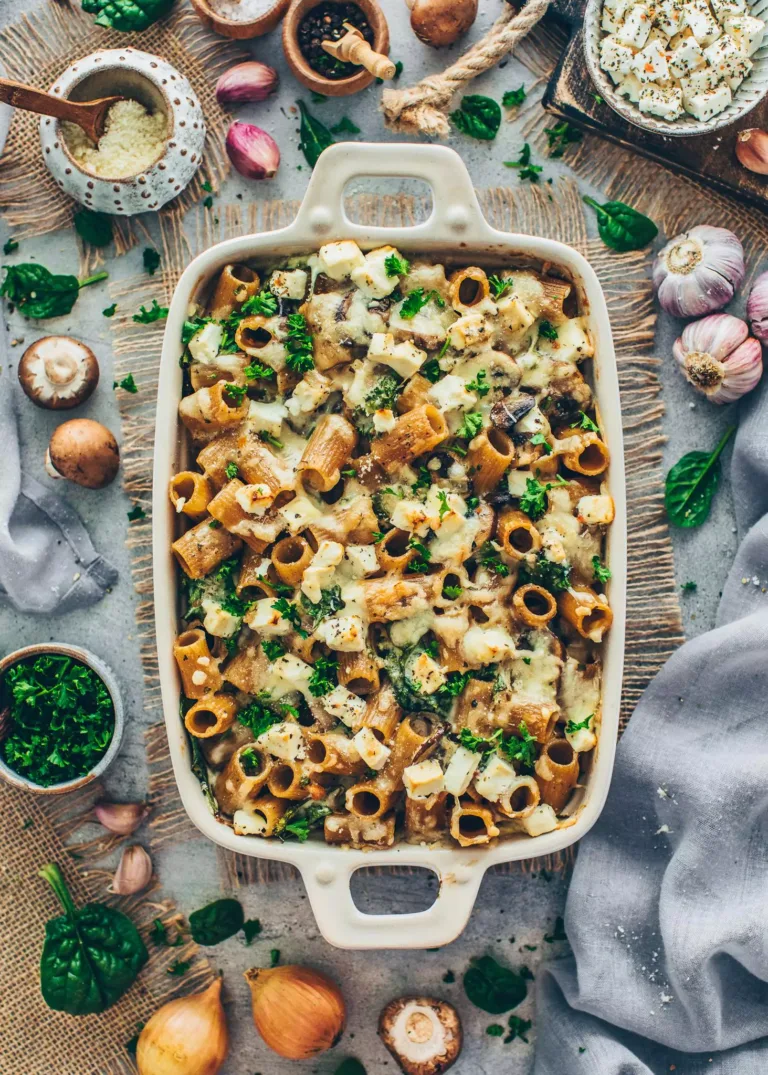 Vegan Pasta Bake with Spinach and Mushrooms